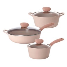 NEOFLAM 台灣公司貨 Sherbet蜜桃雪酪系列 鍋具3件組, 粉色, 1組, 炒鍋 + 湯鍋 + 單柄湯鍋
