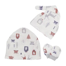 OhBabyLying 母嬰同款 月子帽 + 嬰兒帽 + 防抓手套 禮盒3件組 - 純棉材質, 獨立包裝, 森林小鹿, 1盒, FREE SIZE