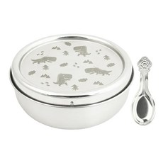 KOM 316不鏽鋼兒童隔熱碗附匙, 恐龍 不鏽鋼色, 附蓋兒童碗 + 湯匙, 1組