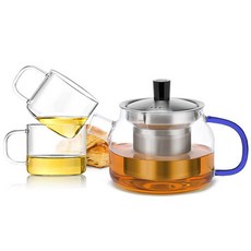 sama DOYO 尚明 耐熱玻璃茶壺 S048 藍色手柄+茶杯 2p 套組, 1套, 茶壺 470ml + 茶杯 150ml x 2p