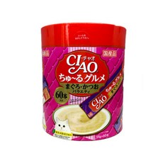 INABA CIAO 啾嚕 燒肉泥桶 Set, 內含3種口味, 綠茶除臭成分配方, 60本入, 鮪魚+鰹魚綜合, 840g, 1桶