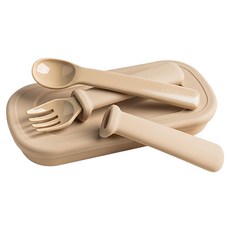 hegen 成長餐桌兒童學習餐具 多功能叉匙組, 兒童湯匙 + 叉子 + 收納盒, 霧褐色, 1組