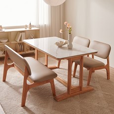 잉글랜더 마샤 양면 통세라믹 원목 낮은 식탁 + 벤치 + 의자2p 세트 방문설치, 식탁(마블화이트+그레이), 벤치(베이지), 의자(베이지2p), 4인용