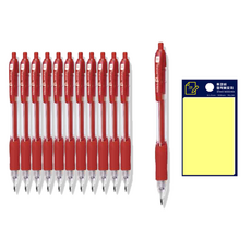 DONG-A P-Knock 按壓式原子筆 0.5mm 12入 + Tukobi 黃色便利貼套組, 紅色, 1套