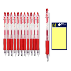 DONG-A Q Knock 標準原子筆 0.4mm 12入 + Tucobi 黃色便利貼 套組, 紅色, 1套