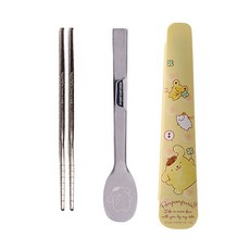 Sanrio 三麗鷗 布丁狗 不鏽鋼湯筷組 專屬雷雕設計 304不鏽鋼餐具, 湯匙 + 筷子 + 收納盒, 布丁狗 黃色 + 銀色, 1組
