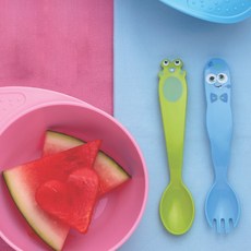 트라몬티나 몬스터베이비 어린이 식기 2p세트 23799194, 그린, 블루, 1세트, 숟가락+스포크