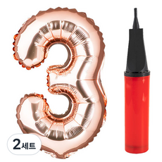 派對팡 數字銀箔氣球 3 大 + 手動打氣筒套組, 氣球(玫瑰金), 打氣筒(隨機出貨), 2套