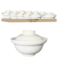 TATUNG 大同磁器 附蓋麵碗 - 優質磁器 附蓋保溫 家庭聚餐適用, 10組, 白色