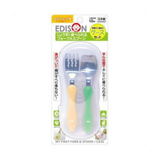 EDISON mama 嬰幼兒學習湯叉 嬰幼兒學習餐具組 湯叉組 附盒, 粉橘色+湖水綠色, 1.5歲～, 1盒