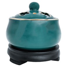財神小舖 彩金孔雀綠 電子薰香爐 TCL-3001 手工陶瓷+木底座, 9.5 x 10.5 x 7.5cm, 1個