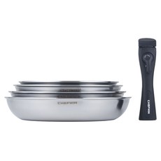 CHEFWIN 電磁爐316不鏽鋼平底鍋組合 多尺寸鍋具套裝, 銀色, 4個平底鍋 + 可拆式手柄, 1套