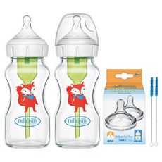 닥터브라운 폭스 와이드넥 유리 젖병 + 3단계 젖꼭지 세트, 화이트 + 그린, 270ml, 2세트
