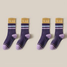 Adelin撞色雙線條高彈力防滑皮拉提斯襪, 黃紫色, 2個