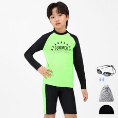 aquatica 兒童防磨泳衣上下裝 AQA312 + 選手用泳鏡 + 泳帽 + 耳塞 + 塑膠袋套組