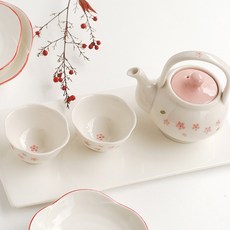 日式櫻花茶具組, 1組, 壺+杯*2入, 白底櫻花圖樣