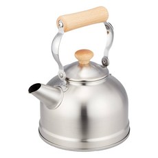 FREIZ 和平 IH爐適用 Tsubame-San 寬底笛音熱水壺 日本製 EM-055 2.5L 快速沸騰 木柄隔熱, 銀色 + 木頭色, 1支