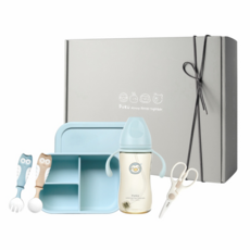 PUKU 藍色企鵝 飽飽午茶副食品入門禮盒, 寬口PPSU練習奶瓶, 陶瓷食物剪, 分隔矽膠餐盒, 學習湯叉組, 靜藍色