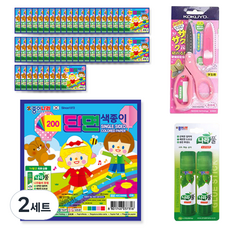 종이나라 200 단면 색종이 5매 x 50p + 고쿠요 SAXA 플라이 캡 가위 핑크 + 나라풀 15g x 2p 세트, 2세트, 5색