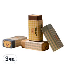 deLi 得力 奶油熊格紋橡皮擦4件組, 3套, 藍色, 米色, 天空藍, 棕色