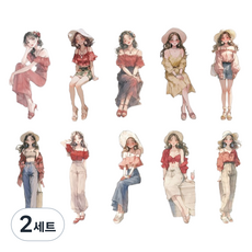 OLIVEPARTY 晚霞系列 感性復古人物少女手帳裝飾貼紙 30p 套組, 大海, 2套