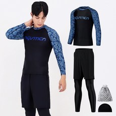 AQUATICA 男款圖案印花插肩長袖泳衣+假兩件式短褲內搭長褲+彈性泳帽+收納袋組