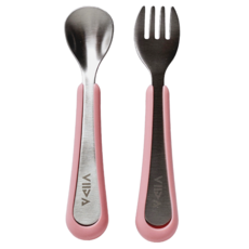 VIIDA Soufflé 抗菌不鏽鋼叉匙組, 304L抗菌不鏽鋼 食品級矽膠, 適用年齡: 6個月至2歲孩童, 甜心粉, S 湯匙1支 + 叉子1支, 1組