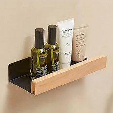 【德利生活】 實木免打孔浴室置物架, 櫸木淺色/黑架, 1個