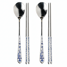 Larissa Zwiebelmuster 韓式湯筷2人份餐具組, 2組, 銀色, 韓式扁筷 + 湯匙 + 禮盒