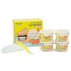Glasslock 嬰兒副食品方型調理盒 210ml 4入+矽膠湯匙+收納盒, 黃色, 1組