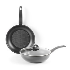 HOMEPOWE 不沾鍋具 3件組, 平底鍋 28cm+深炒鍋 28cm+玻璃鍋蓋 28cm, 黑色, 1組