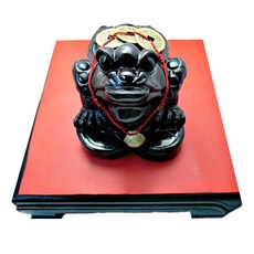 紅運當家 天然巧雕咬錢三腳蟾蜍擺件含木製底座, 黑曜