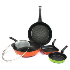 Kitchen-Art 韓國產鑽石塗層鍋具5件組, 混色, 平底鍋 28cm+深炒鍋 28cm+圓形煎蛋鍋 16cm+方形煎蛋鍋 16cm+玻璃鍋蓋 28cm, 1組