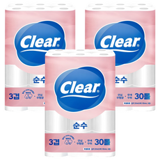 Clear 純天然紙漿 3層 高級捲筒衛生紙, 3個, 20m, 30入