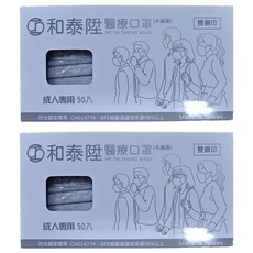 和泰陞 平面醫療口罩 成人, 50片, 2盒, 銀河灰