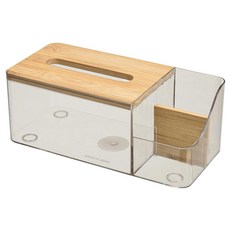 E.City 多功能遙控器分格透明紙巾盒 PET+竹木, 茶色, 25 x 12 x 9.5cm
