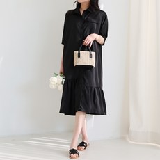 MarketA 女款簡約襯衫式長版荷葉邊連身裙 含大尺碼, 黑色