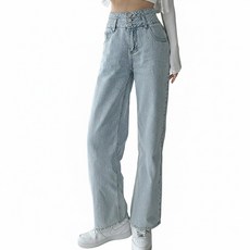 女款多碼復古高腰三排釦顯瘦直筒丹寧寬褲