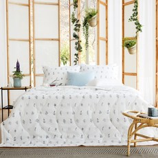 comet Home 植物印花泡泡紗絎縫夏季被單, 白色