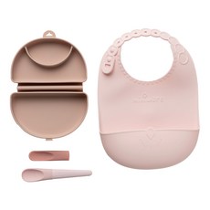 miniware 微兒 合掌包經典全配組 - 杏仁奶油, 矽膠盒 + 兩用湯匙 + 矽膠圍兜, 1組