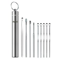 Anine 優質掏耳專家 攜帶型9件組 挖耳棒套組 銀色, 1套