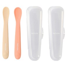 Petinube 嬰兒輔食矽膠餵食湯匙2件組, 奶油米色(步驟 1)、桃色絨毛(步驟 2), 1組