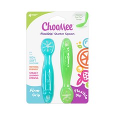 ChooMee FlexiDip Starter軟矽膠副食品湯匙, 水藍色+綠色, 2入