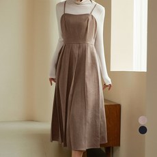 afinar 女款冬季百褶細肩帶長版連身裙, 深米色