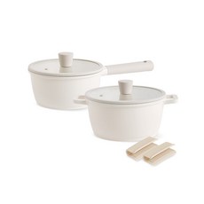 LENANSE Earth IH電磁爐鍋 2種+矽膠把手 2入組, 象牙色(鍋子）、米色(把手）, 18cm寬+20cm長+2個矽膠手柄