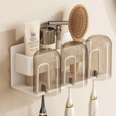 超級工廠 免釘膠牙刷架 3人款附杯子, 白色, 浴室收納好幫手, 1個