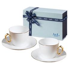 A&L 骨瓷咖啡對杯禮盒組 二杯二盤 1075g, 東方之星 白金色, 1組