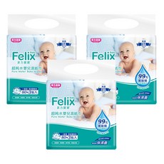 菲力家族 Felix Baby 超純水嬰兒濕巾, 99% 藥廠級EDI超純水, 無酒精 無香精 無甲醛 無螢光劑, 3包, 2袋