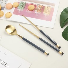 Bogen 韓國製方形雙色鍍金湯筷組, 藍色, 湯匙 + 筷子, 1套