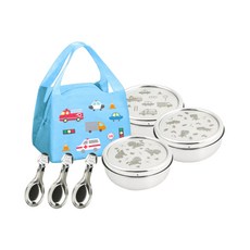 KOM 316不鏽鋼兒童碗組, 款式隨機(汽車/恐龍/獨角獸), 隔熱碗*3+湯匙*3+便當袋*1, 1組